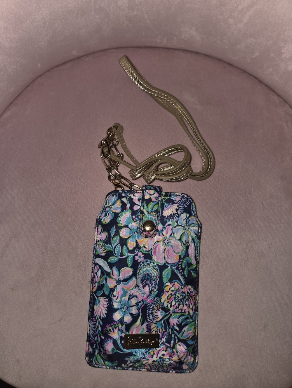 Lilly Pulitzer Navy Floral Wristlet with Pink, Teal & Yellow Accents